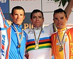 Das Siegerpodest der Weltmeisterschaften 2009: Kolobnev, Evans, Rodriguez